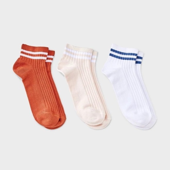 Auden Accessories - S04 - Women's Varsity Striped Ribbed 3pk Ankle Socks - Auden - White/Pink/Coral